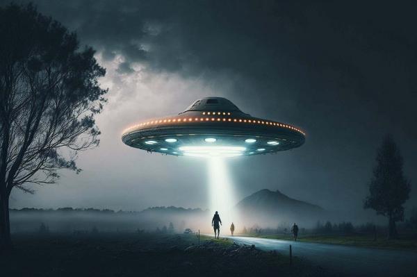 A flying saucer with a bright light shining on the road below. Outlines of a man and another figure seen on the road. 
